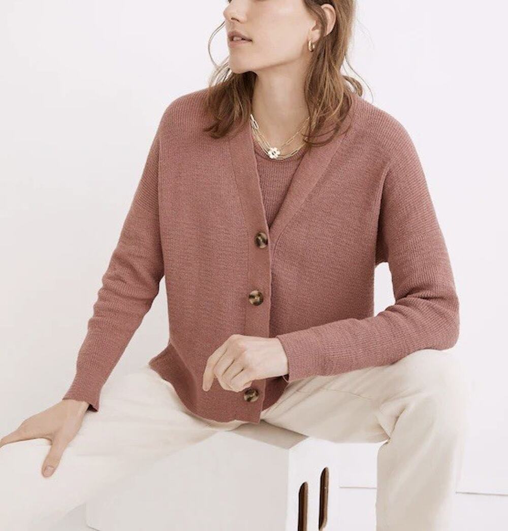 Madewell Birchmoor Cotton Knit Button Up Stretch Cardigan Sweater Pink Size M